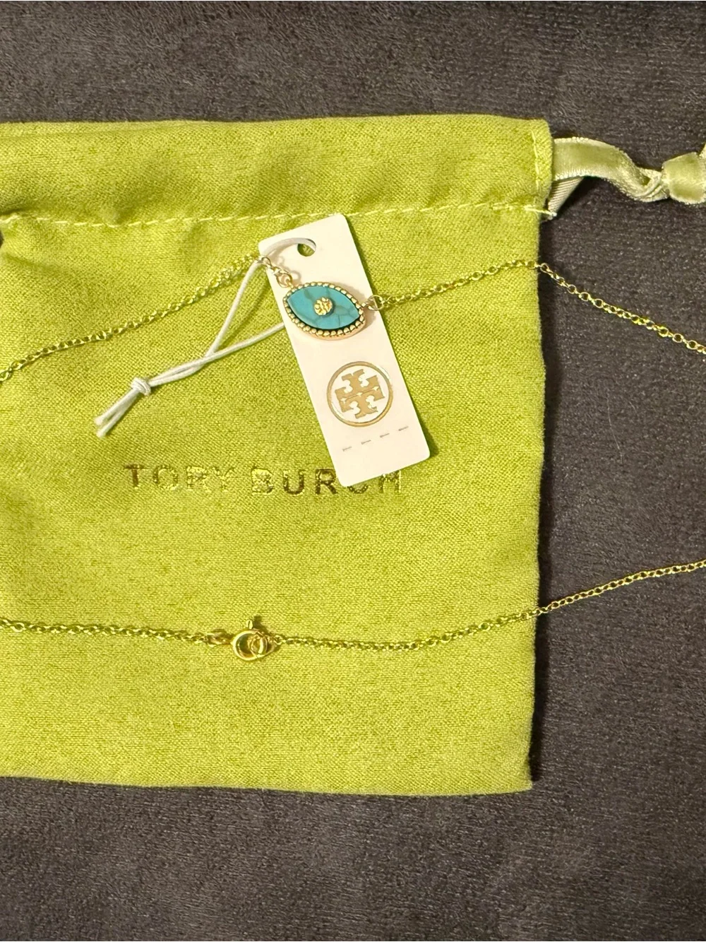 Tory Burch Gold Chain Necklace with Turquoise Color Evil Eye Pendant